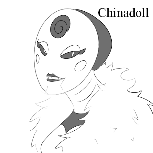 sketch of Ms. Chinadoll, a feminine robot with porcelain plating and a swirl painted on her forehead