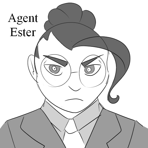 sketch of Agent Ester, a white woman with white pupils, wearing a suit with her hair done up in a bun