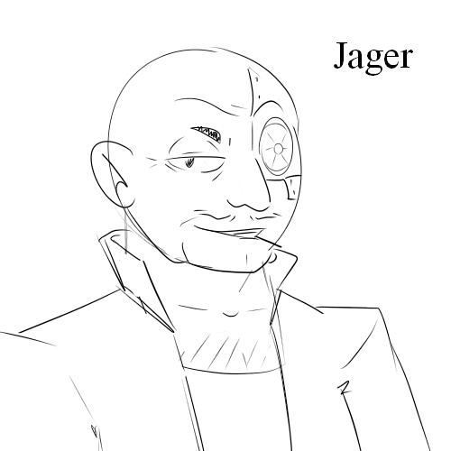 Sketch of Jager, a white middle aged bald man with a cybernetic eye, smirking with a toothpick in his mouth
