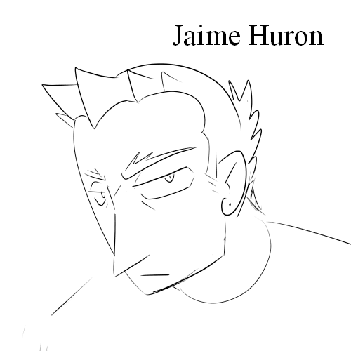 sketch of Jaime, a white man with short spiked hair and an skeptical expression