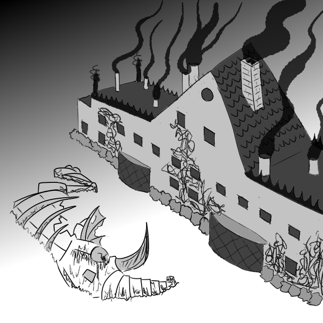 Illustration of the exterior of Becile Manor. It is low and wide with many chimneys and smokestakes. The ruins of a copper elephant lay in the backyard